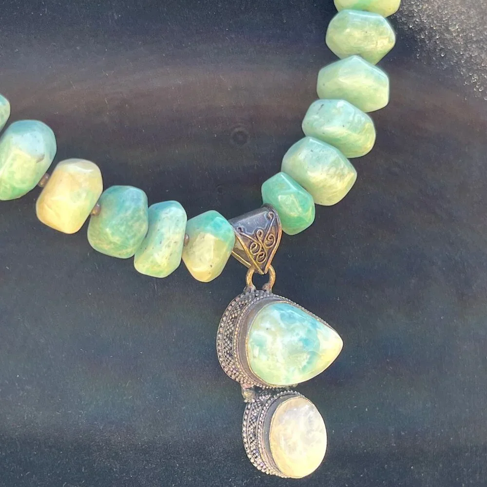 Handcrafted Amazonite, Larimar and Moonstone Beaded Necklace Bronze Tone Accents - Picture 7 of 11